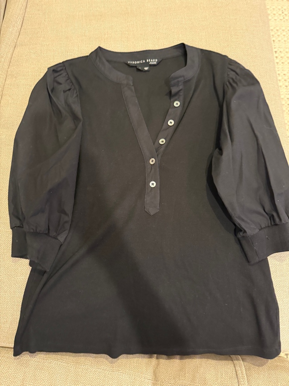 Veronica Beard Black Button-Front Puff Sleeve Henley